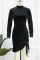 Black Street Solid Draw String Fold Half A Turtleneck Pencil Skirt Dresses