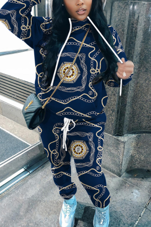 Tibetan Blue Casual Daily Print Basic Printing Hooded Collar Long Sleeve Two Pieces
