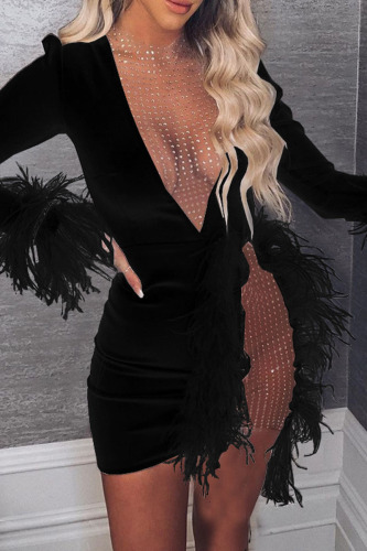 Black Sexy Solid Patchwork See-through Feathers O Neck Pencil Skirt Dresses
