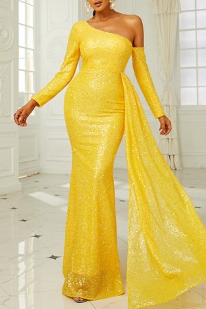 Yellow Sexy Formal Patchwork Backless Oblique Collar Dresses