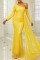 Yellow Sexy Formal Patchwork Backless Oblique Collar Dresses