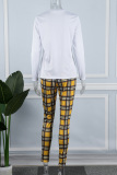 White Casual Plaid Print Patchwork O Neck Long Sleeve Two Pieces