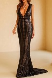 Black Sexy Formal Patchwork Sequins V Neck Evening Dress Dresses