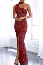 Red Sexy Solid Sequins Patchwork Slit Asymmetrical Collar Evening Dress Dresses