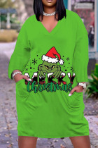 Light Green Casual Print Patchwork V Neck Straight Dresses