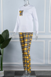 White Casual Plaid Print Patchwork O Neck Long Sleeve Two Pieces