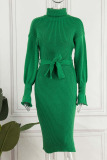 Green Casual Elegant Solid Bandage Patchwork Turtleneck One Step Skirt Dresses