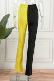 Black Yellow Casual Patchwork Contrast Regular High Waist Trousers