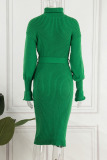 Green Casual Elegant Solid Bandage Patchwork Turtleneck One Step Skirt Dresses