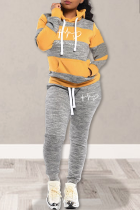 Yellow Street Striped Draw String Hooded Collar Long Sleeve Two Pieces