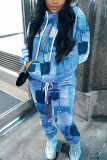 Blue Casual Daily Print Basic Printing Hooded Collar Long Sleeve Two Pieces