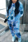 Blue Casual Daily Print Basic Printing Hooded Collar Long Sleeve Two Pieces
