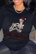 Black Vintage Skull Letter O Neck Tops