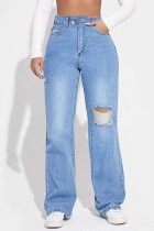 Blue Casual Solid Ripped Mid Waist Straight Denim Jeans