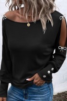 Black Casual Solid Hollowed Out With Bow O Neck Tops