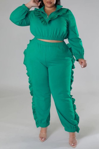 Green Casual Solid Patchwork Zipper Collar Plus Size Two Pieces