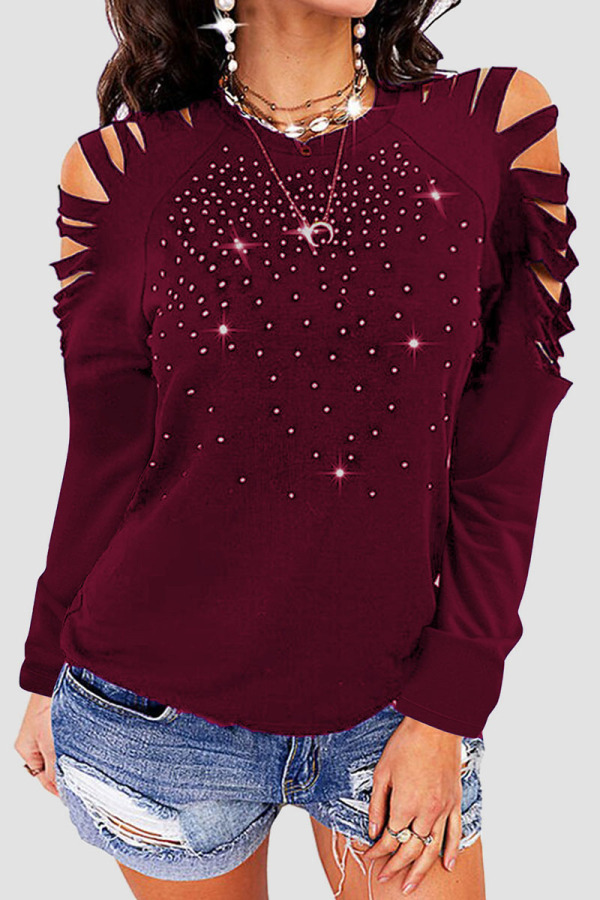 Burgundy Casual Solid Ripped Patchwork Hot Drill O Neck Tops