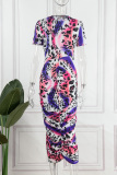 Blue Purple Casual Print Fold O Neck Short Sleeve Dress