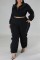 Black Casual Solid Patchwork Zipper Collar Plus Size Two Pieces