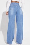 Blue Casual Solid Ripped Mid Waist Straight Denim Jeans