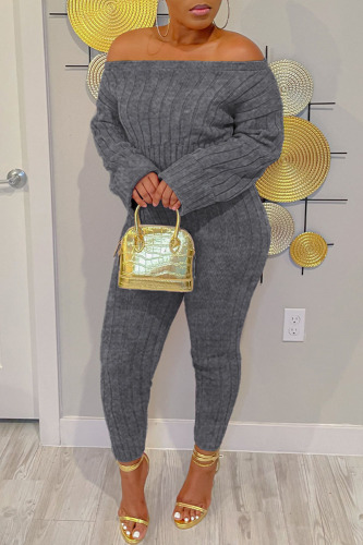 Grey Casual Solid Patchwork Off the Shoulder Long Sleeve Two Pieces