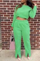 Light Green Casual Solid Patchwork Slit O Neck Long Sleeve Two Pieces