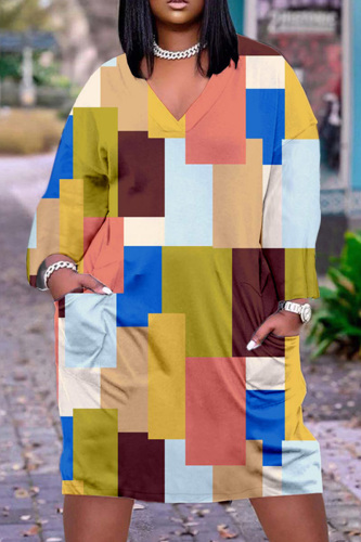 Earth Yellow Casual Print Patchwork Basic V Neck Long Sleeve Dresses
