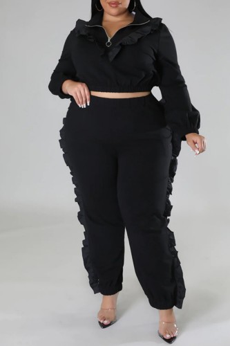 Black Casual Solid Patchwork Zipper Collar Plus Size Two Pieces