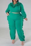 Green Casual Solid Patchwork Zipper Collar Plus Size Two Pieces