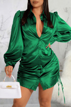Green Casual Solid Patchwork Draw String Buckle Turndown Collar Shirt Dress Dresses