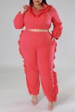 Pink Casual Solid Patchwork Zipper Collar Plus Size Two Pieces