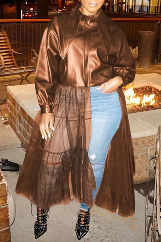 Brown Casual Solid Patchwork Zipper Turndown Collar Outerwear