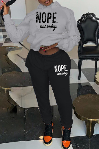 Grey Casual Letter Print Basic Hooded Collar Long Sleeve Two Pieces