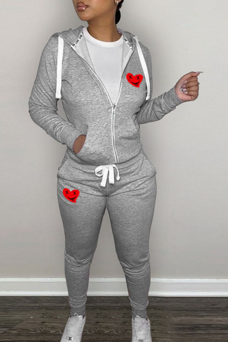 Grey Street Print Draw String Hooded Collar Long Sleeve Two Pieces
