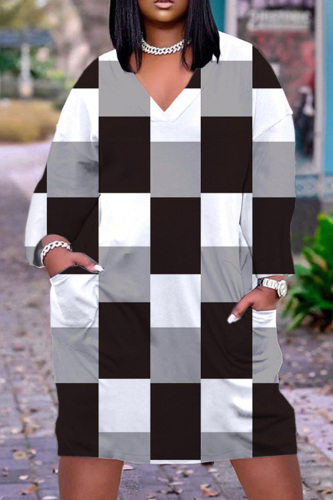 Black White Casual Print Patchwork Basic V Neck Long Sleeve Dresses