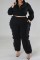 Black Casual Solid Patchwork Zipper Collar Plus Size Two Pieces