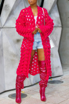 Watermelon Red Casual Solid Hollowed Out Patchwork Cardigan Collar Outerwear