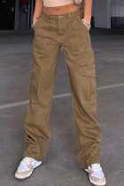Brown Casual Street Solid Patchwork Pocket High Waist Straight Solid Color Bottoms