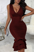 Burgundy Sexy Solid Patchwork Flounce V Neck Straight Dresses