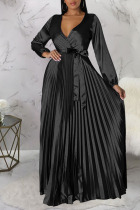 Black Casual Elegant Solid Bandage Patchwork Fold V Neck Straight Dresses