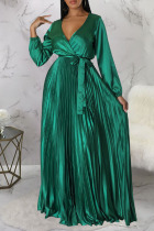 Green Casual Elegant Solid Bandage Patchwork Fold V Neck Straight Dresses