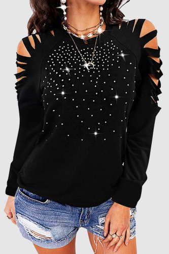 Black Casual Solid Ripped Patchwork Hot Drill O Neck Tops