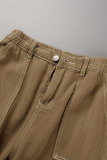 Brown Casual Street Solid Patchwork Pocket High Waist Straight Solid Color Bottoms