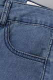 Blue Casual Print High Waist Boot Cut Denim Jeans