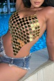 Gold Sexy Patchwork Hollowed Out Chains Backless Halter Tops