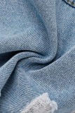 Baby Blue Casual Solid Ripped Turndown Collar Long Sleeve Regular Denim Jacket