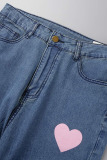 Baby Blue Casual Print High Waist Boot Cut Denim Jeans