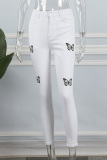 White Casual Butterfly Patchwork High Waist Skinny Denim Jeans