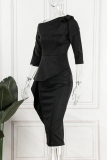 Black Casual Solid Patchwork Oblique Collar Irregular Dress Dresses