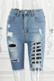 Baby Blue Casual Solid Ripped Patchwork High Waist Regular Denim Shorts